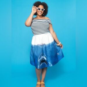 Unique Vintage Blue and White Jaws Shark A-Line Skirt
